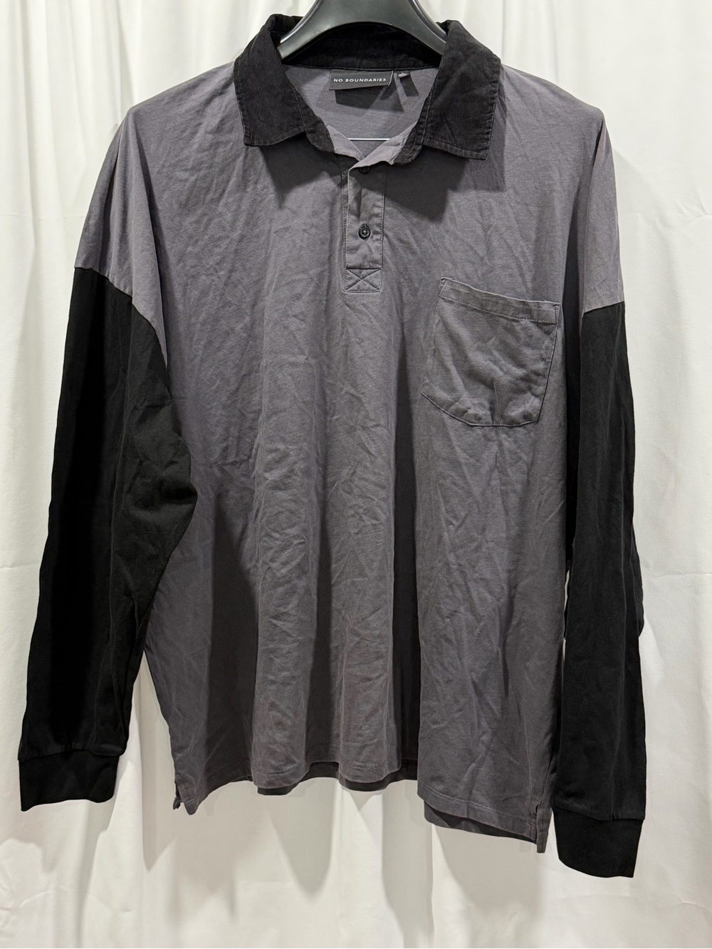 No Boundaries Gray Black Colorblock Long Sleeve Polo Shirt XL NWT